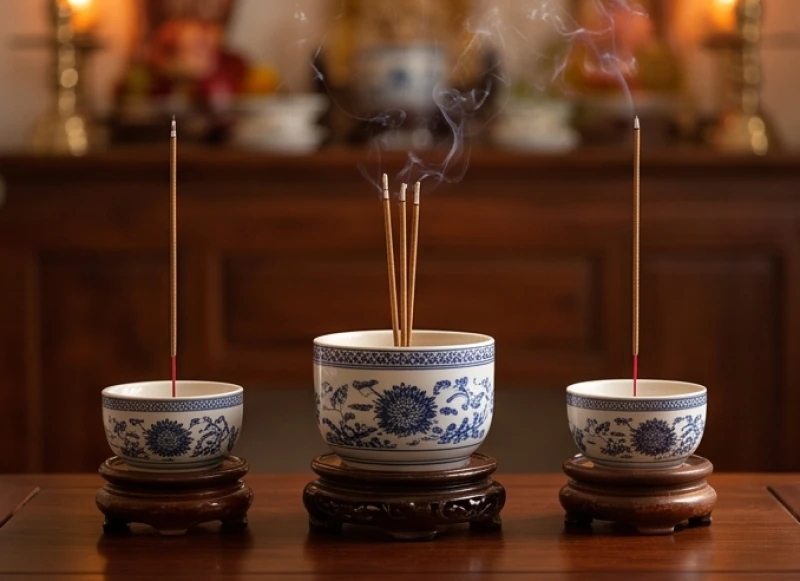 Ba bát hương đặt thẳng hàng trên bàn thờ với điểm nhấn là bát hương lớn thờ Thổ công ở vị trí chính giữa