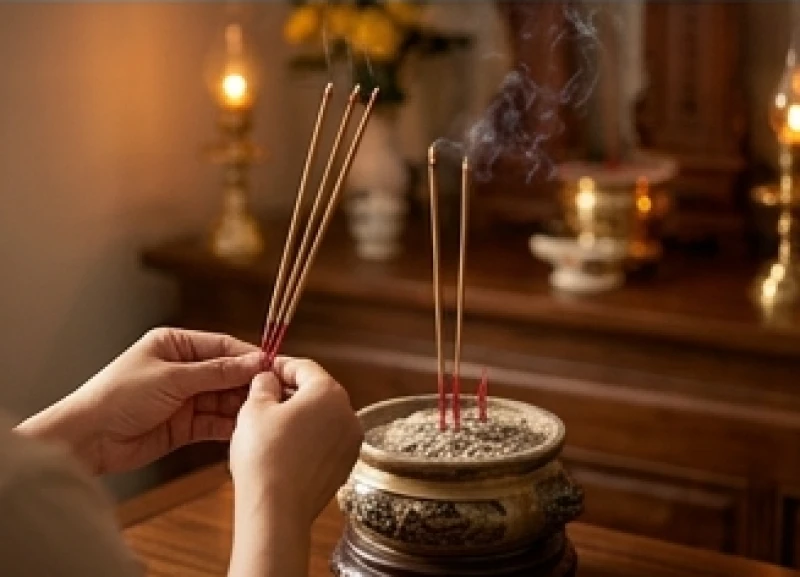 Đôi bàn tay nâng ba nén hương cháy đỏ rực dâng lên bát nhang chính giữa ban thờ
