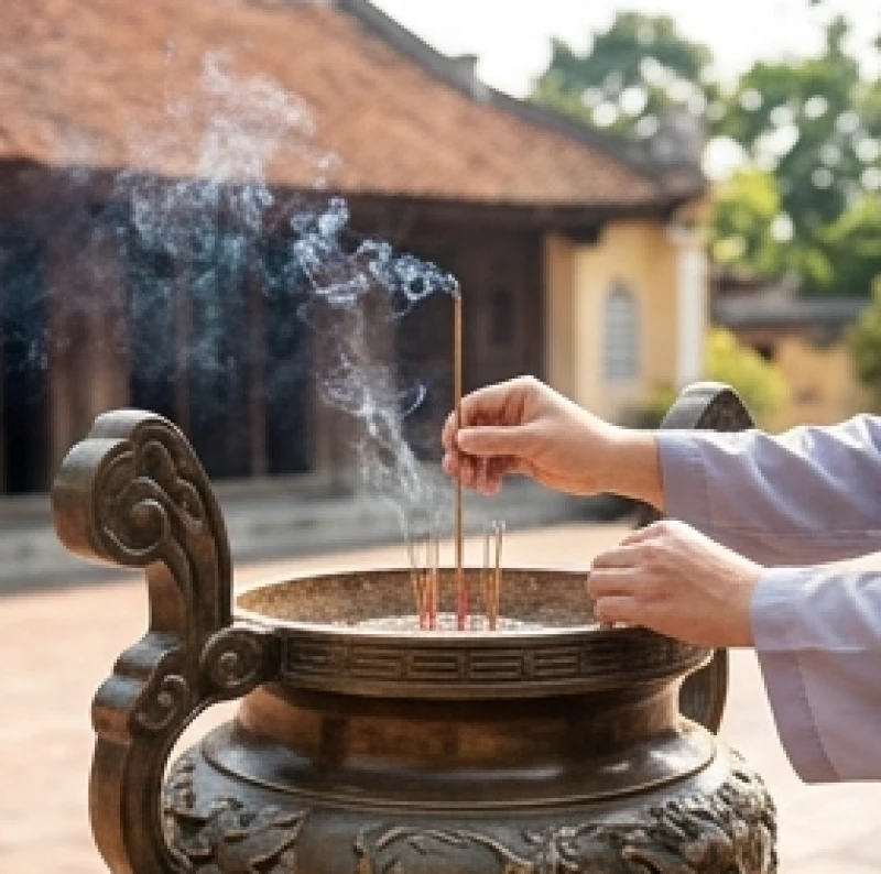 Văn khấn đình làng ngày rằm: Bài cúng ngày Vọng & trình tự chuẩn 5 Người hành lễ cắm nén nhang đầu tiên tại lư hương lớn đặt giữa sân đình làng để báo cáo môn thần