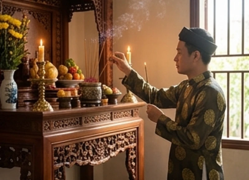 Văn khấn mùng 1 Tết: Bài cúng chuẩn, giờ đẹp và mâm lễ 3 miền 1 Người đàn ông mặc áo dài đang chắp tay dâng hương lên bàn thờ gia tiên trong nghi thức cúng mùng 1 Tết