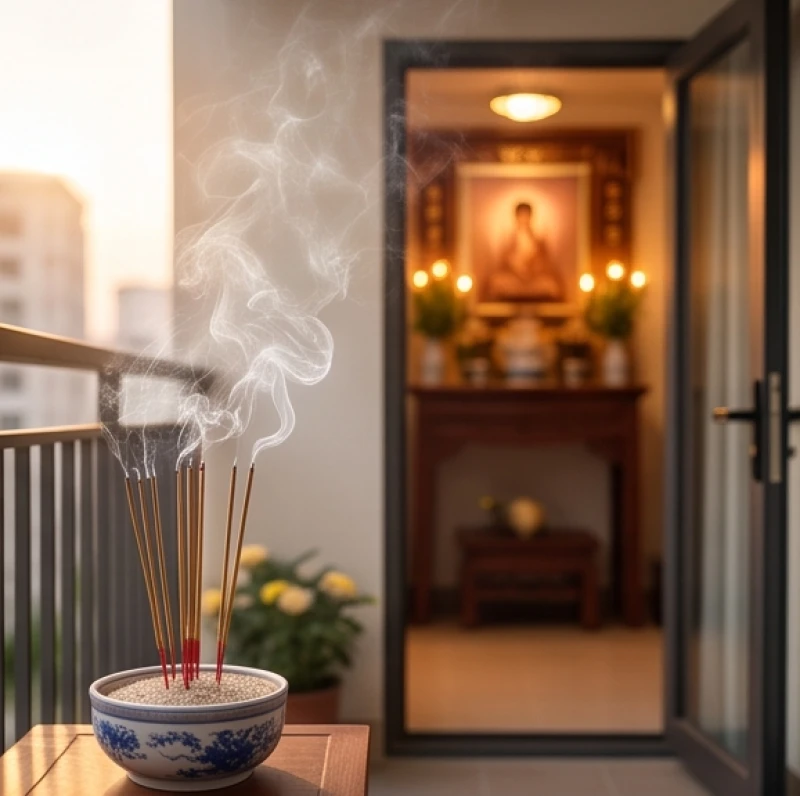 Văn khấn ngoài trời ngày rằm: Bài cúng chuẩn, vị trí và hướng lạy 7 Khói hương bay lên từ lư nhang trên mâm cúng ngoài sân trong khi bàn thờ gia tiên bên trong nhà cũng đang sáng đèn