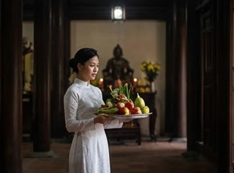 Văn khấn lễ hội Đền Quán Thánh: Bài cúng mùng 3/3 và sắm lễ chuẩn 8 Người đi lễ cẩn thận bưng mâm cúng di chuyển từ tiền đường vào hậu cung đền Quán Thánh