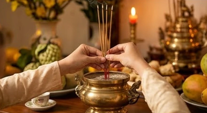 Văn khấn gia tiên mùng 1 Tết: Bài cúng chuẩn và trình tự hạ lễ 3 Gia chủ châm hương cẩn thận vào bát nhang Thần linh ở vị trí cao nhất trước khi thắp cho bát nhang Gia tiên