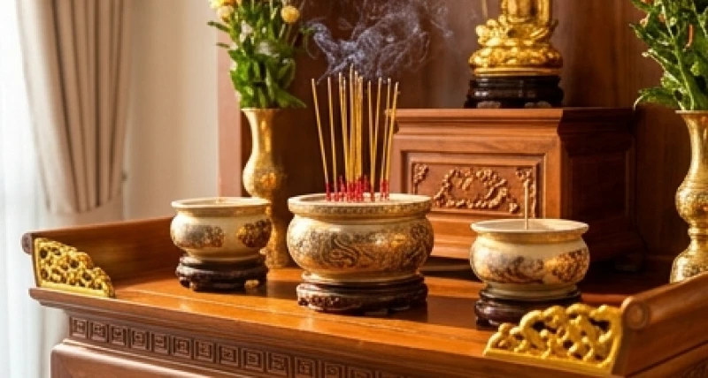 Văn khấn Thổ Công mùng 1 Tết: Bài cúng chuẩn và cách xưng thỉnh 7 Ba bát hương lớn trên ban thờ gia tiên với bát hương Thổ Công ở giữa được thắp sáng đầu tiên