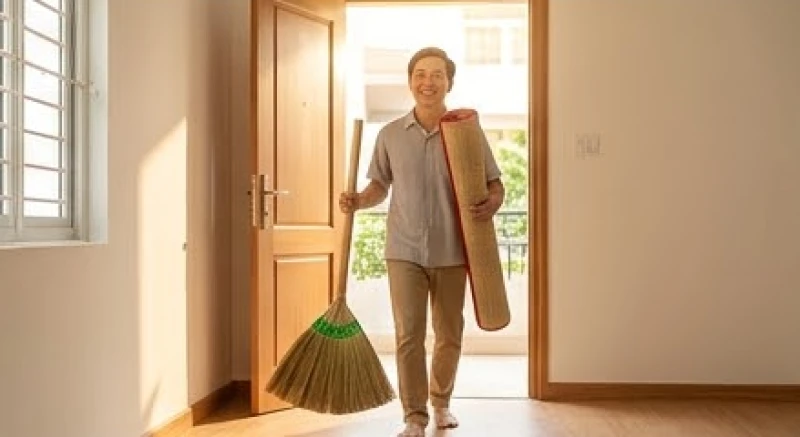 Người thân mang theo đệm chiếu và chiếc chổi mới tươi vui bước qua cửa chính trong ngày dọn nhà