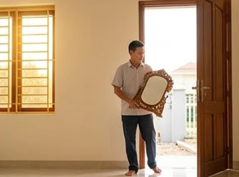 Gia chủ mang theo chiếc gương soi bước vào ngôi nhà mới để tiến hành thủ tục chuộc nhà