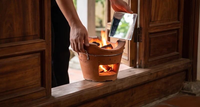 Bếp than hồng và chiếc gương nhỏ được mang qua bậc cửa để làm thủ tục nhập trạch