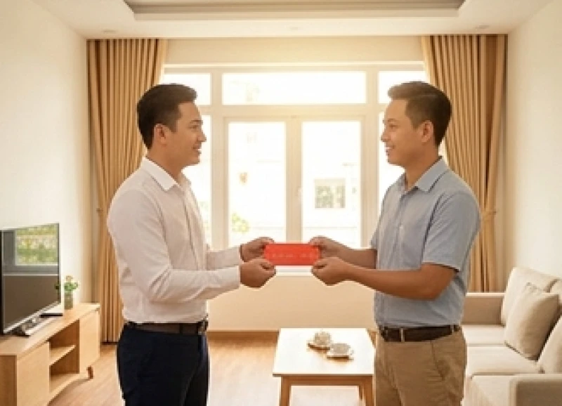 Chủ nhà và người mượn tuổi thực hiện nghi thức trao đổi tiền chuộc nhà tượng trưng trước ban thờ