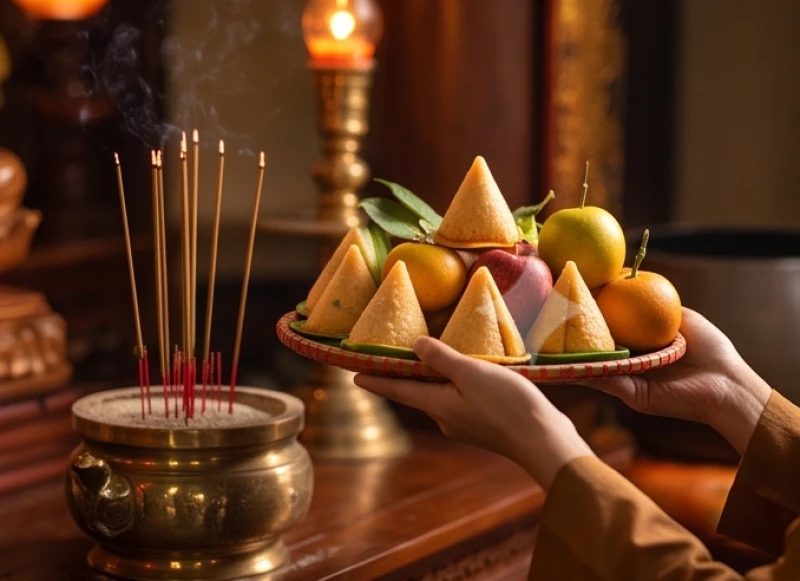 Văn khấn Đức Thánh Hiền tại chùa: Bài cúng chuẩn và sắm lễ chay 11 Đôi bàn tay nhẹ nhàng bưng mâm oản quả xin lộc mang về sau khi hương đã cháy được hai phần ba thời gian