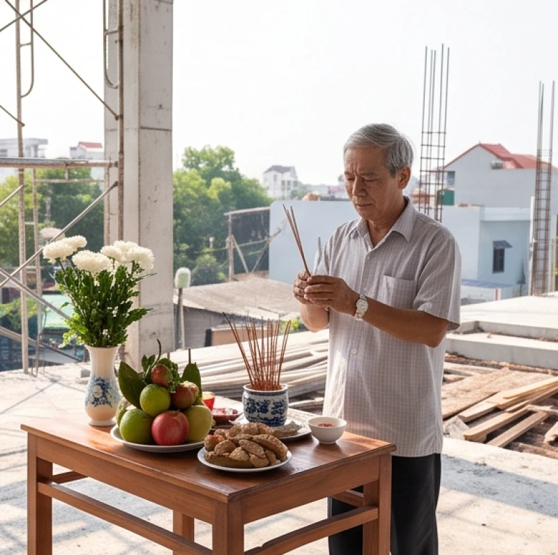 Người được mượn tuổi đại diện gia chủ đứng ra thắp hương và làm lễ cúng đổ mái bê tông