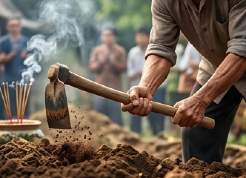 Người đại diện mượn tuổi thực hiện nghi thức cuốc những nhát đất đầu tiên trong buổi lễ động thổ