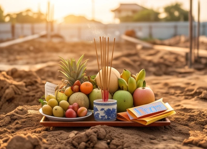 Nghi thức dâng hương xin phép thần linh trên mảnh đất chuẩn bị động thổ của gia đình người Việt