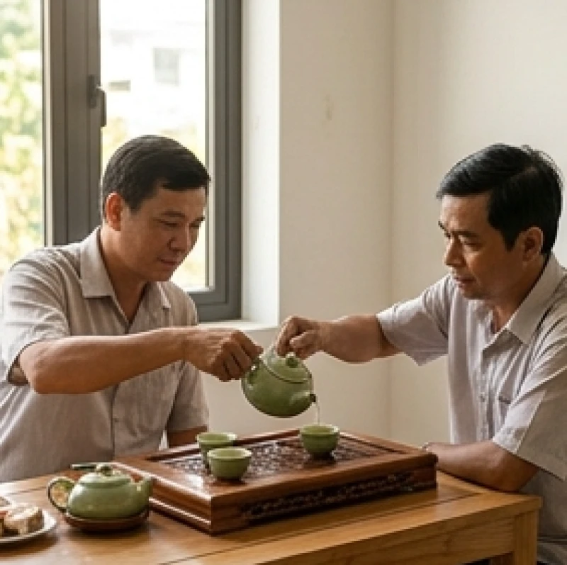 Hai người đàn ông cùng ngồi uống trà thảo luận về thủ tục mượn tuổi xây nhà.