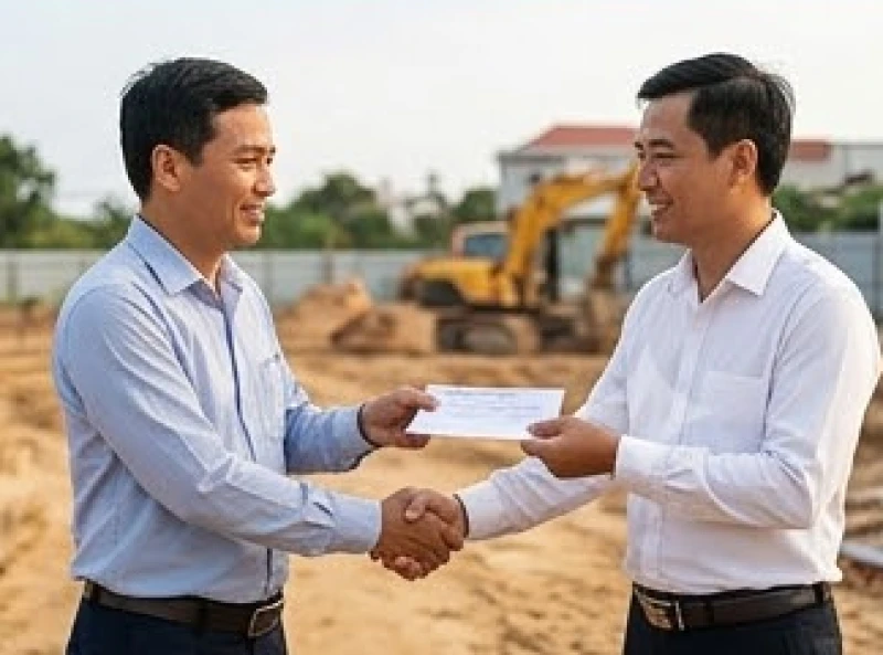 Hai người đàn ông đang bắt tay nhau và trao đổi tờ giấy bán nhà tượng trưng trên công trường