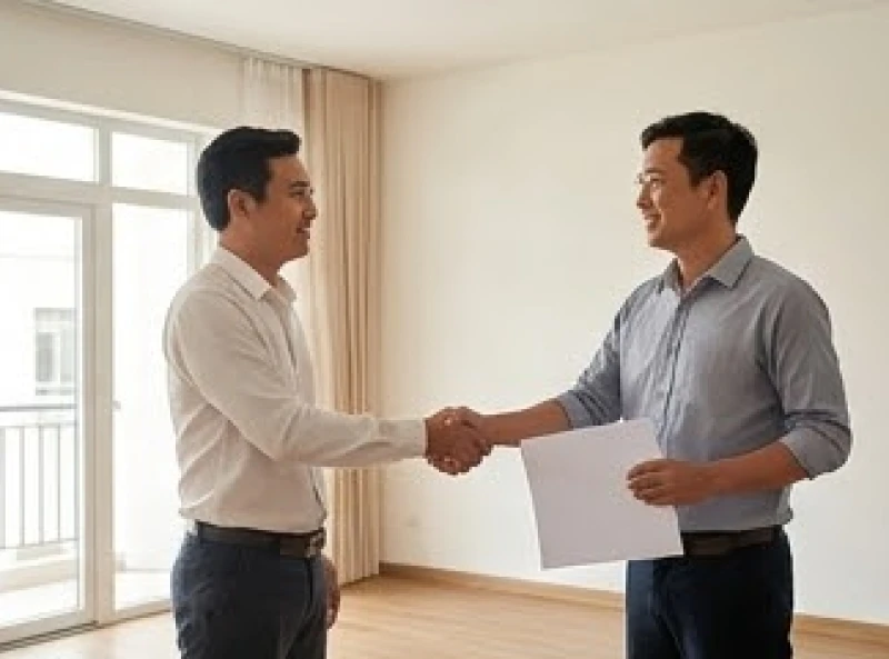 Tuổi Tỵ nhập trạch ngày nào tốt: lịch giờ đẹp và trình tự cúng 6 Hai người đàn ông trưởng thành đứng trong phòng khách bắt tay và trao đổi giấy tờ để tiến hành thủ tục mượn tuổi