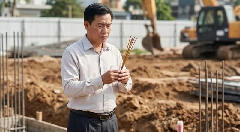 Người đàn ông trung niên thắp hương làm lễ động thổ trên nền đất mới