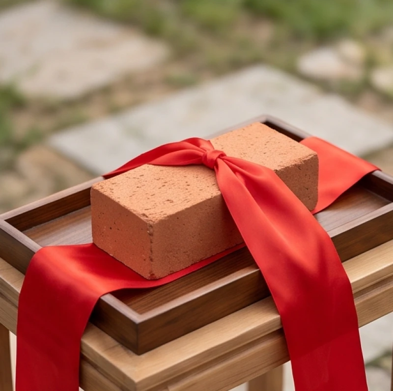 Khay gỗ đựng gạch đỏ và dải lụa đỏ chuẩn bị cho nghi thức động thổ mượn tuổi