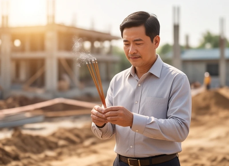 Một người đàn ông trung niên đang thực hiện nghi thức động thổ thay cho gia chủ lớn tuổi