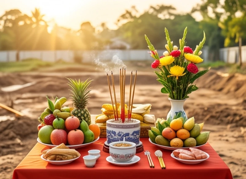 Tuổi Bính Thân 1956: Cung mệnh, hướng nhà và vận hạn 2025 - 2026 9 Mâm lễ cúng động thổ được chuẩn bị tươm tất với hoa tươi và mâm ngũ quả