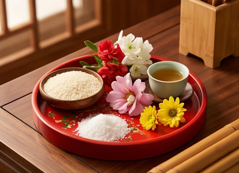 Khay lễ vật truyền thống dùng trong nghi thức động thổ mượn tuổi làm nhà