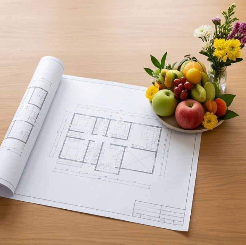 Bản vẽ kiến trúc trải phẳng bên cạnh khay trái cây tươi chuẩn bị cho lễ động thổ