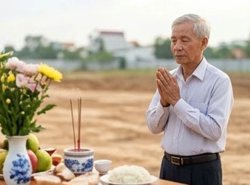 Một người đàn ông lớn tuổi đứng chắp tay trang nghiêm trước hương án để thực hiện nghi thức mượn tuổi