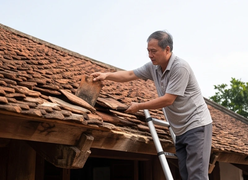Người được mượn tuổi thay mặt gia chủ thực hiện động tác tháo dỡ viên ngói đầu tiên tượng trưng trên mái