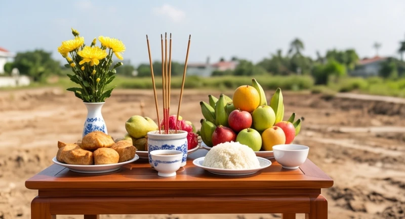 Nhâm Tý 1972 Hợp Hướng Nào: Chi Tiết Hướng Nhà và Cách Hóa Giải 6 Lễ vật cúng động thổ xây nhà được sắp xếp tươm tất trên chiếc mâm đỏ giữa bãi đất trống