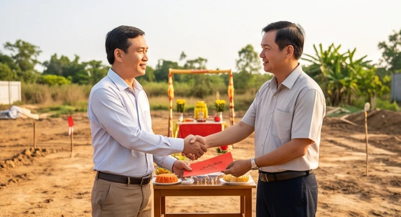 Hai người đàn ông trung niên đang trao đổi tờ giấy mượn tuổi làm nhà tượng trưng tại khu đất thi công