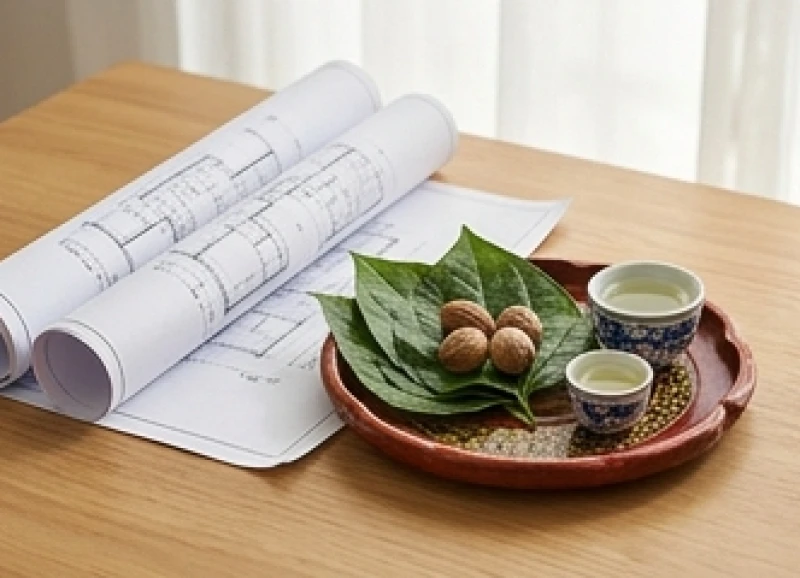 Bản vẽ thiết kế nhà ở được đặt trang trọng bên cạnh một khay trầu cau và ly rượu trắng