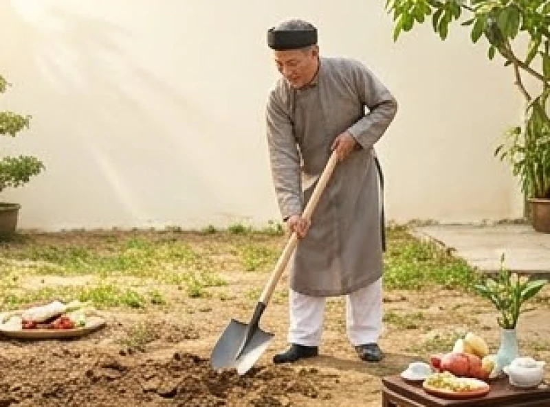 Người đàn ông lớn tuổi đại diện gia chủ thực hiện nghi thức cuốc nhát cuốc động thổ đầu tiên trên nền đất mới