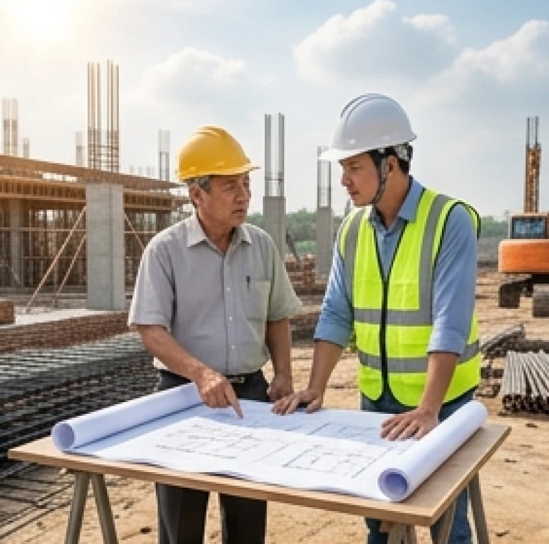 Văn khấn mượn tuổi làm nhà: Trình tự bài bản và mẫu giấy tờ 1 Hai người đàn ông xem xét bản vẽ thiết kế để thảo luận về thủ tục mượn tuổi làm nhà