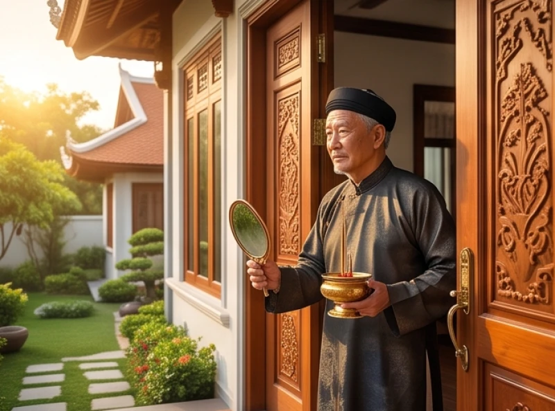 Người đàn ông tay cầm bát nhang bước vào cửa chính ngôi nhà mới trong lễ nhập trạch