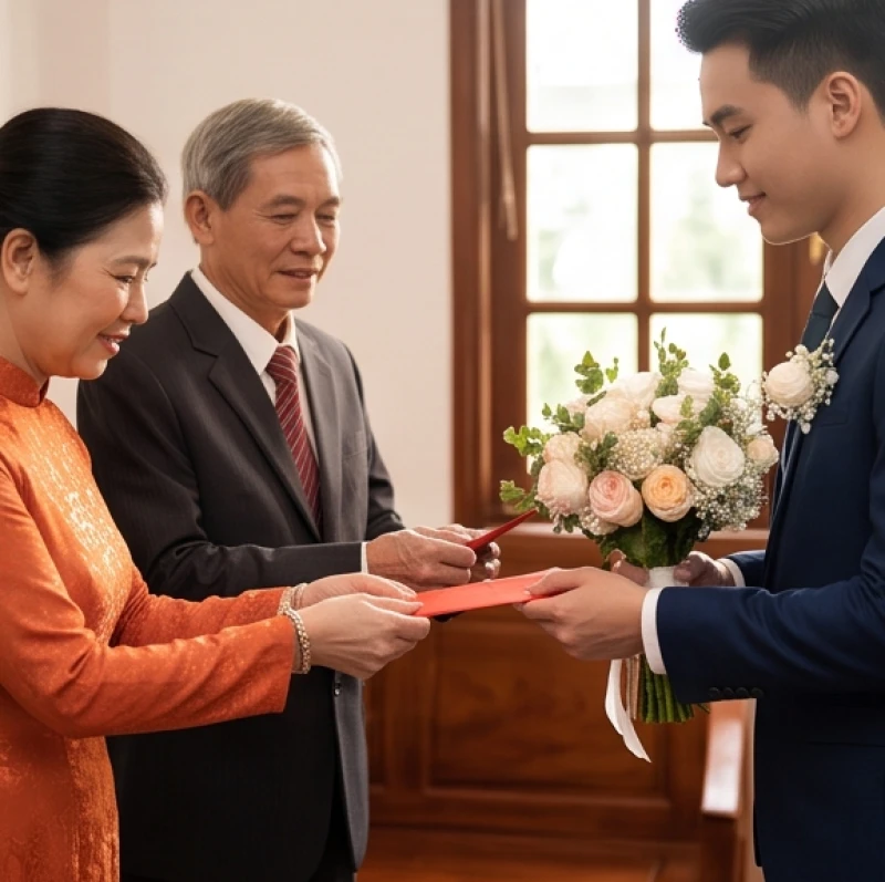Bậc trưởng bối trao phong bì đỏ trong nghi thức rước dâu mang ý nghĩa hóa giải điềm báo đứt gánh