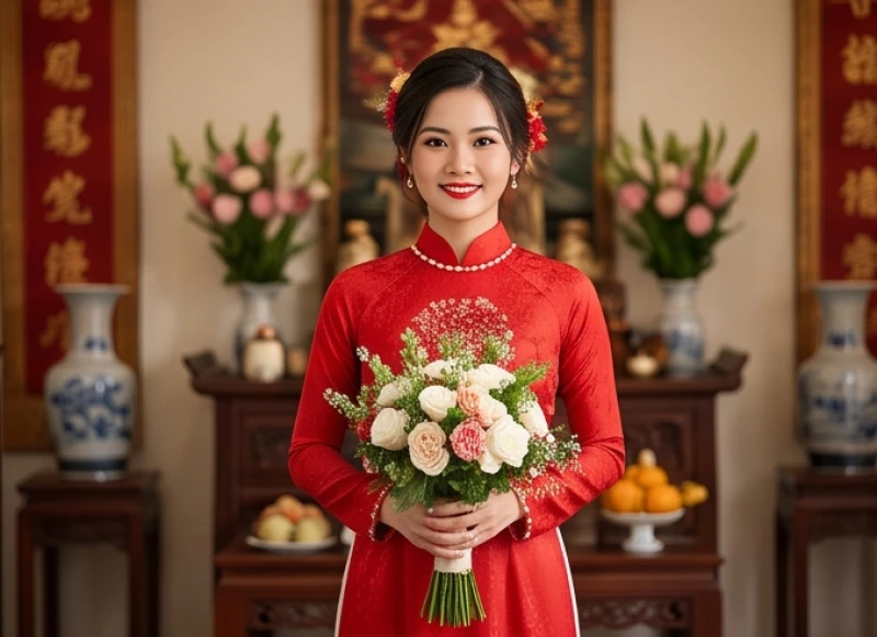 Vận hạn tuổi Thìn năm 2026: Bảng sao nam nữ & vật phẩm giải hạn 9 Cô dâu trong trang phục áo dài đỏ truyền thống tay cầm hoa cưới rạng rỡ ngày trọng đại