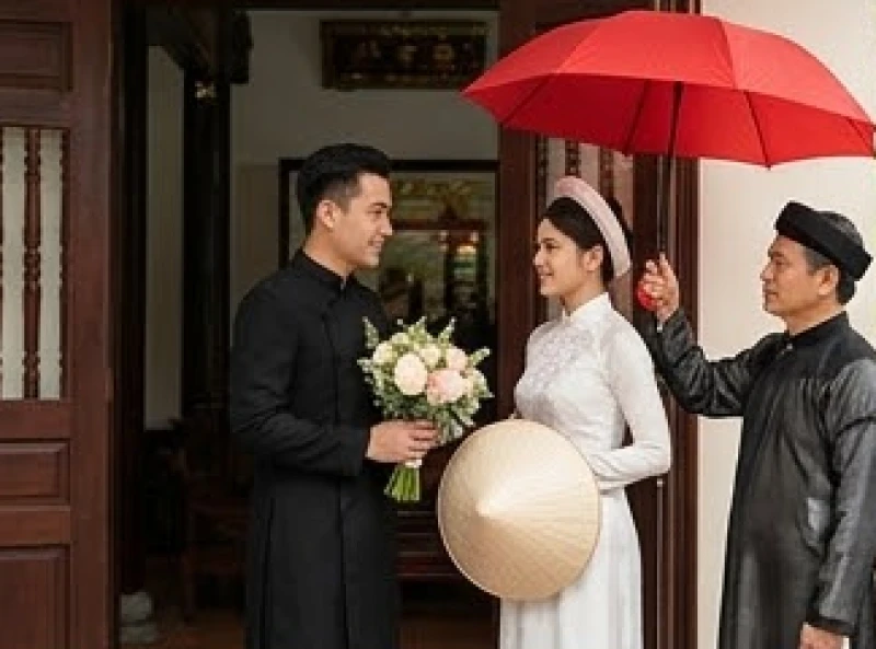 Chú rể trao nón lá và hoa cưới cho cô dâu trong nghi thức xin dâu sớm nhằm hóa giải những điềm hung về phong thủy