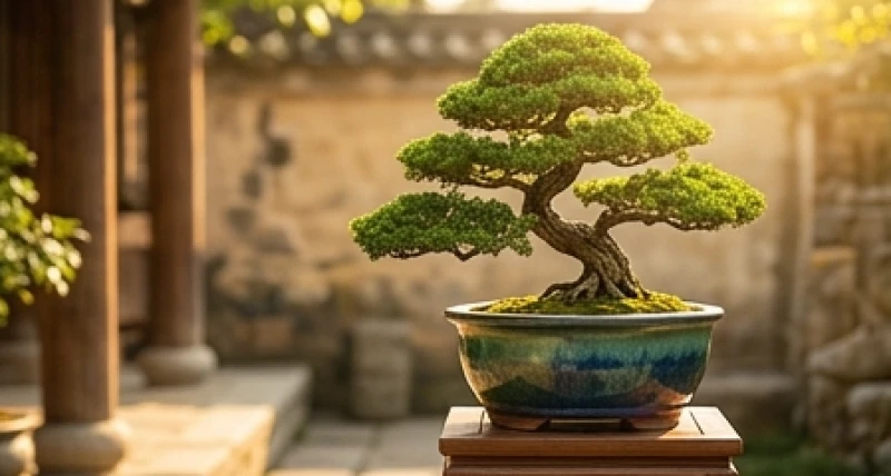 Chậu cây bonsai xanh tốt được chăm chút tỉ mỉ thể hiện thú vui điền viên an nhàn của tuổi xế chiều