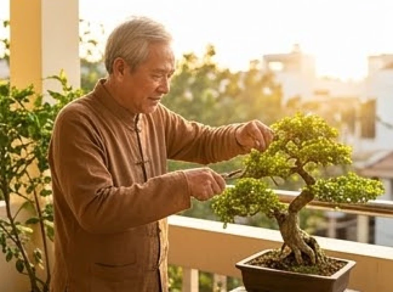 Cụ ông tỉ mẩn chăm sóc chậu cây cảnh bonsai nhỏ ngoài ban công trong tiết trời mùa thu mát mẻ