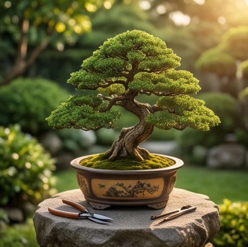 Người đàn ông lớn tuổi đang cẩn thận cắt tỉa chậu cây bonsai trong khu vườn ngập tràn ánh nắng sáng