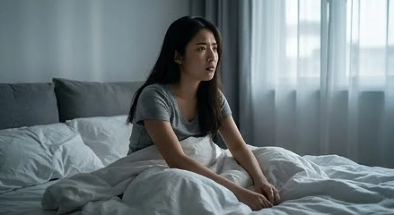 Một người phụ nữ đang ngồi trên giường với vẻ mặt đầy lo âu sau khi trải qua giấc mơ căng thẳng