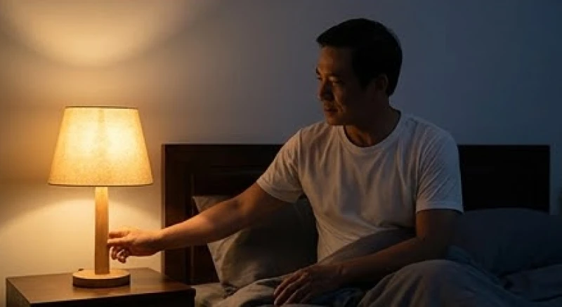 Người đàn ông ngồi bật dậy trên giường lúc nửa đêm, tay bật chiếc đèn ngủ màu vàng ấm áp để trấn an tinh thần