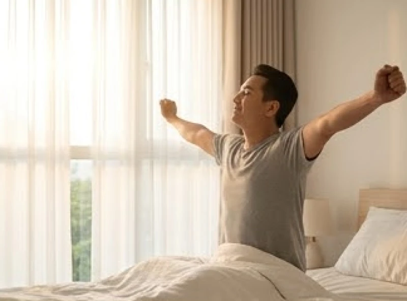 Người đàn ông vươn vai thư giãn bên cửa sổ đón ánh nắng mai sau khi thức dậy từ một giấc ngủ sâu