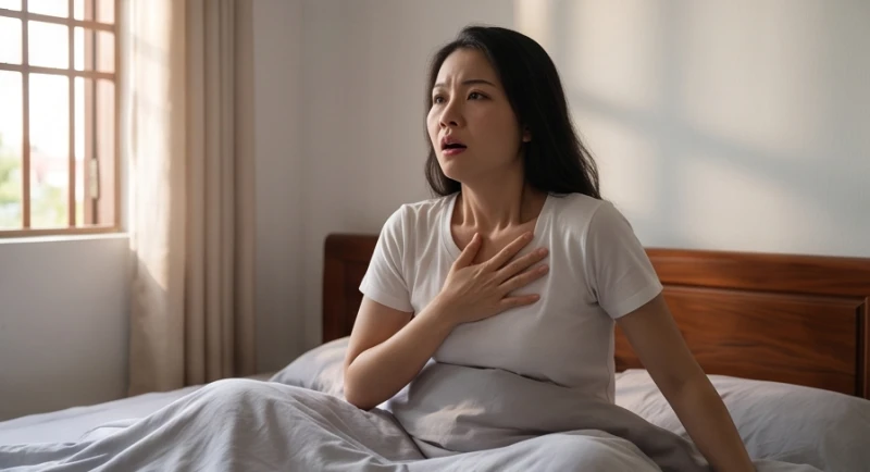 Người phụ nữ giật mình tỉnh giấc với vẻ mặt hoang mang và ôm lấy ngực do tim đập mạnh