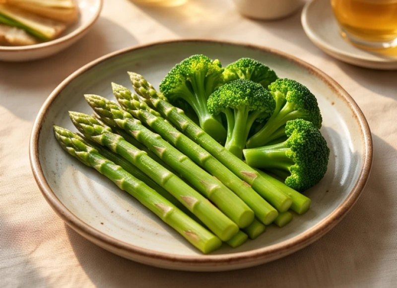 Đĩa salad măng tây và súp lơ xanh tươi mát giúp bảo vệ lớp niêm mạc dạ dày khỏi sự gia tăng axit