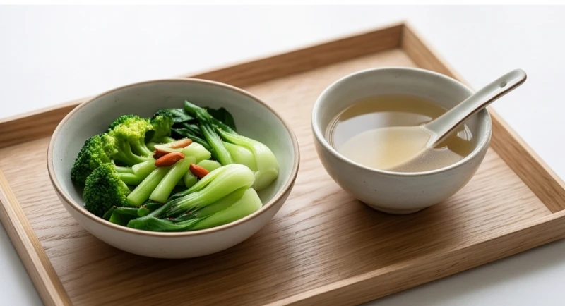 Khẩu phần ăn thanh đạm với rau củ luộc và canh trong vắt giúp bảo vệ hệ tiêu hóa nhạy cảm