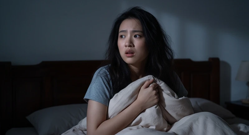 Mơ thấy ăn mặn: Giải mã tâm linh, tập khí & con số may mắn 1 Người phụ nữ giật mình tỉnh giấc vào ban đêm với gương mặt bối rối