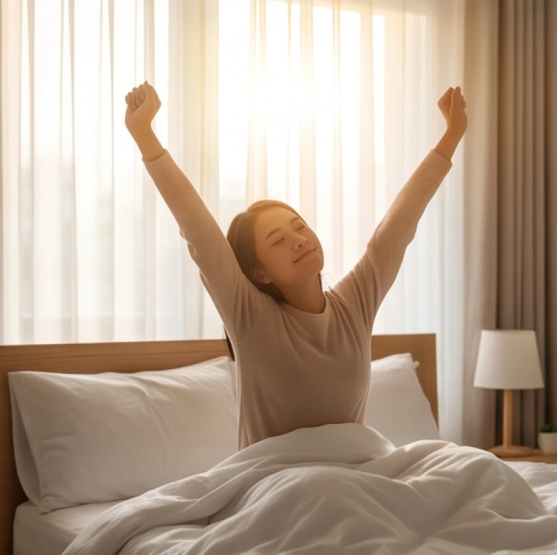 Một người vươn vai thức dậy tràn đầy năng lượng sau một đêm không bị ác mộng quấy rầy