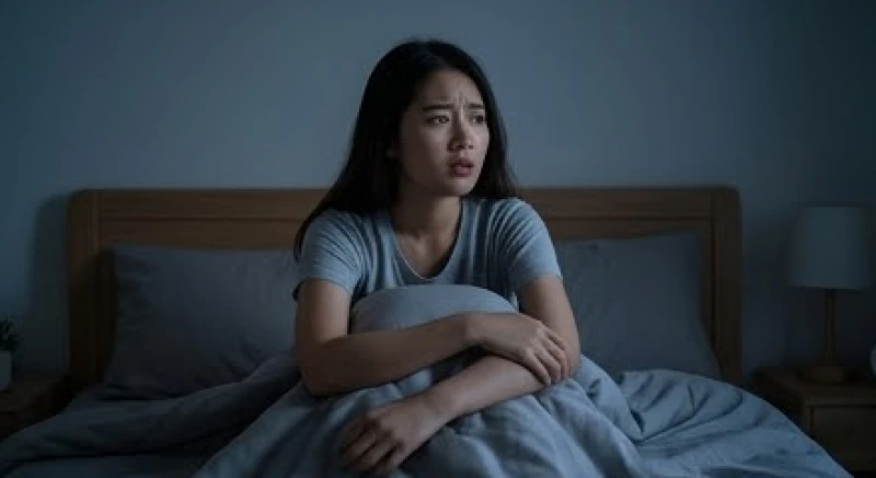 Một người phụ nữ đang ngồi trên giường, vẻ mặt hoang mang sau khi tỉnh giấc từ một cơn ác mộng tâm linh