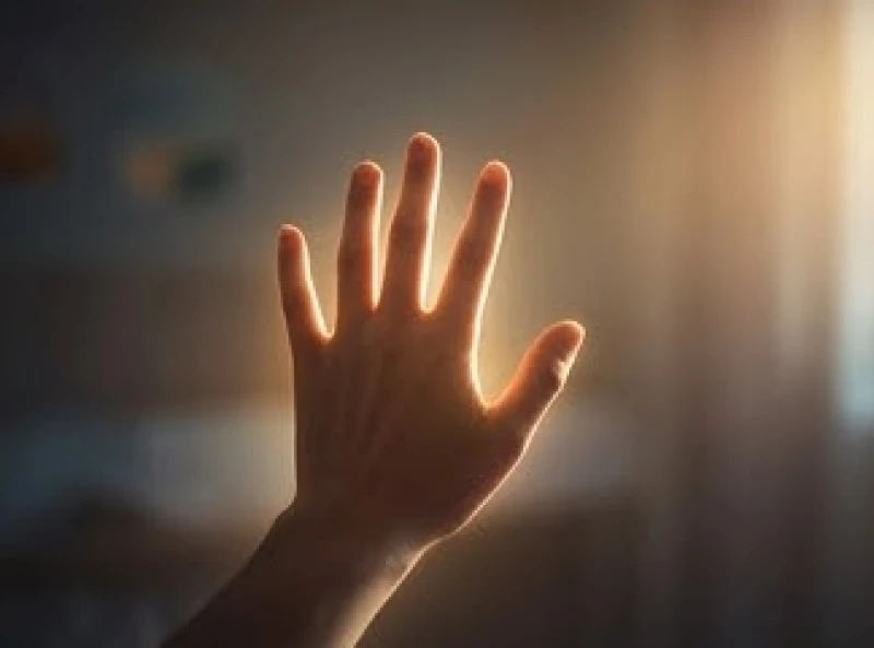 Bàn tay đưa lên phía trước hướng về nguồn sáng để kiểm tra thực tại giữa ranh giới của sự tỉnh táo và cơn mộng mị