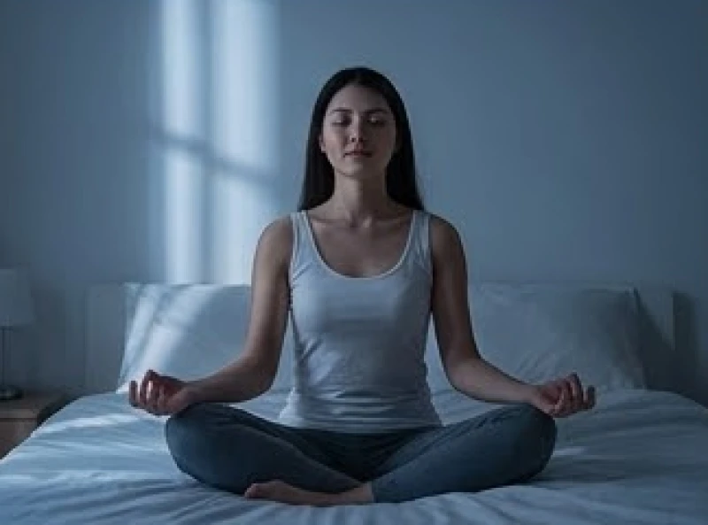 Cô gái ngồi thiền tĩnh tâm trên giường ngủ thực hành kỹ thuật hít thở thư giãn